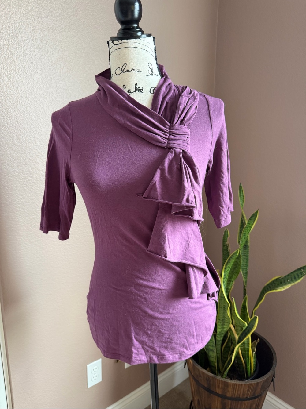 Deletta Plum Ruffle Front Short Sleeve Blouse